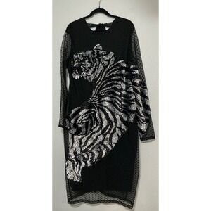 ASOS Black Sheer Mesh Tiger Sequin Cocktail Bodycon Dress 16 Holiday Glam Party